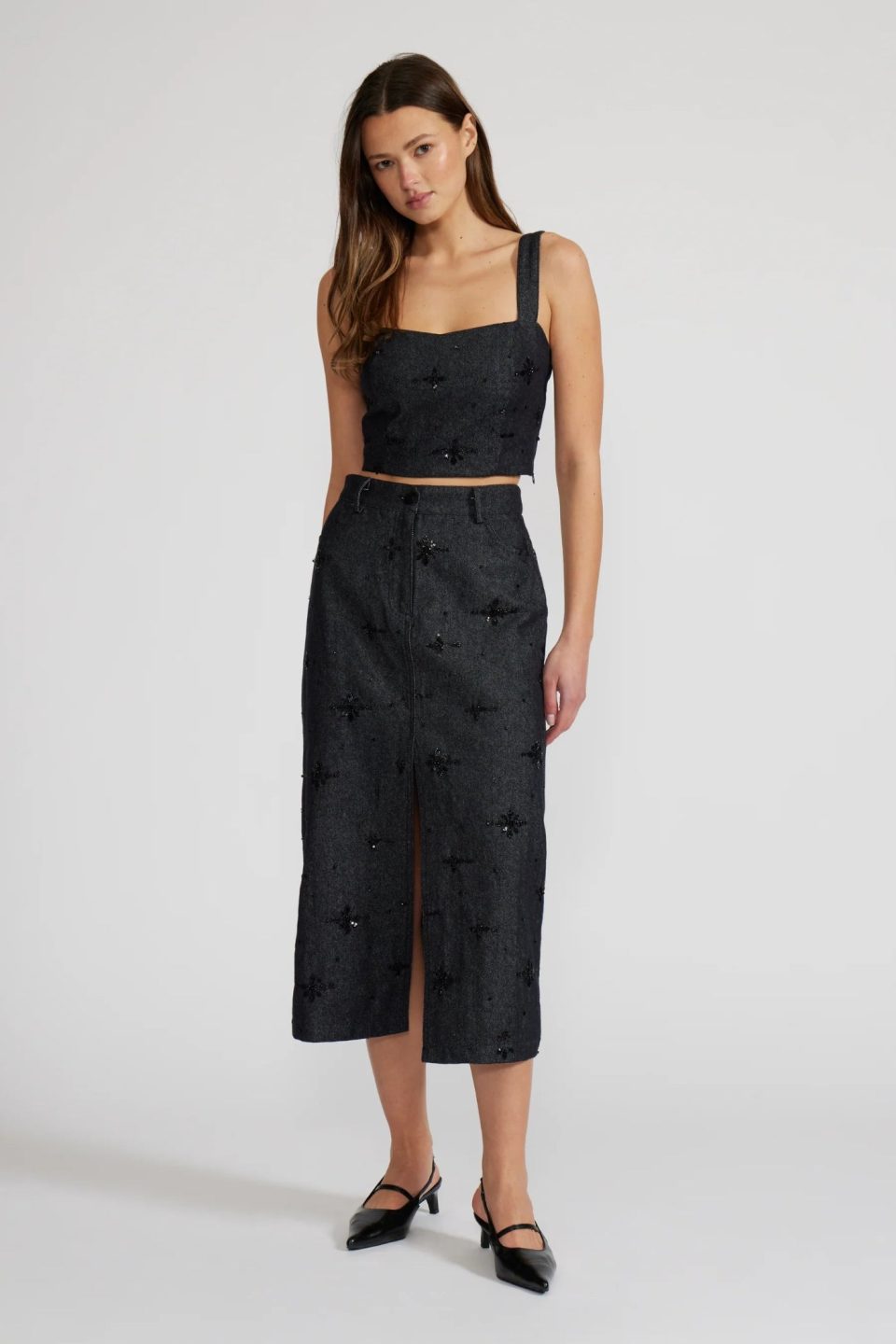 WAVERLY BEADED DENIM SKIRT